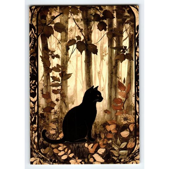 Vintage Halloween Black Cat Forest Scene Photochrome Postcard 5.5x4" - Picture 1 of 2